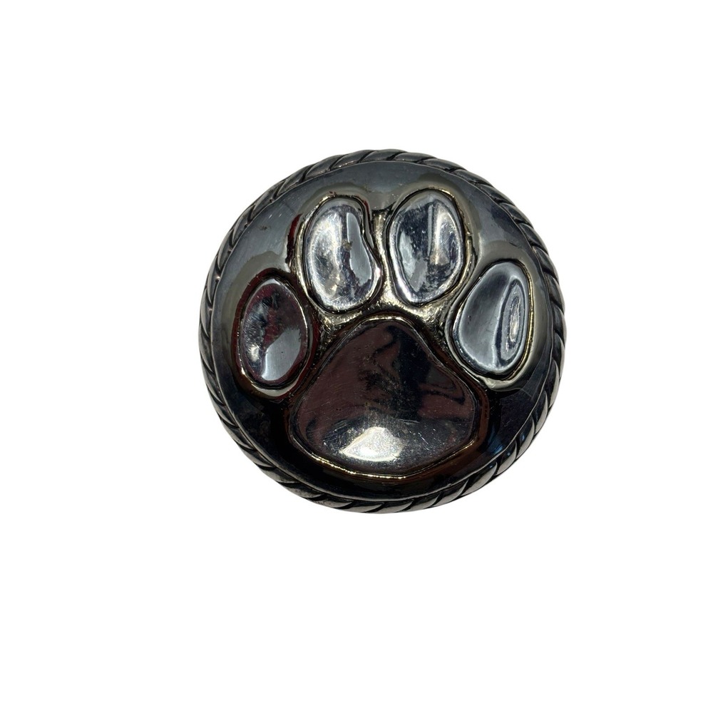 Vintage MJ Silver Tone Indented Cat Dog Pet Paw Print Round Pendant Brooch Pin